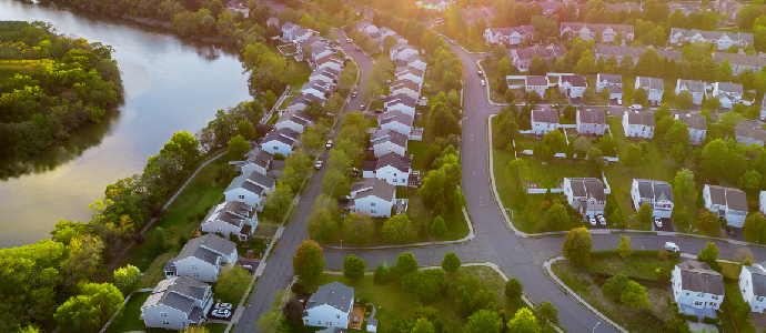 Aerial view of modern roofs of houses of residential