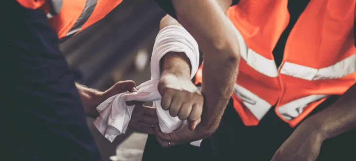 Man getting his workplace injury wrapped up.