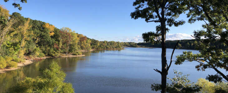 A view of the lake from the viewing platform at Hempstead Lake State Park, Long Island, New York.