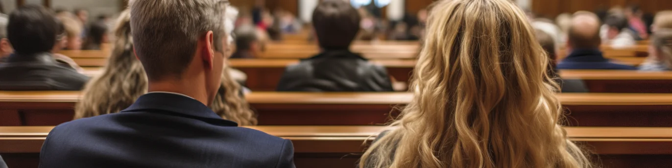 People seated in courtroom pews during a legal proceeding, viewed from behind